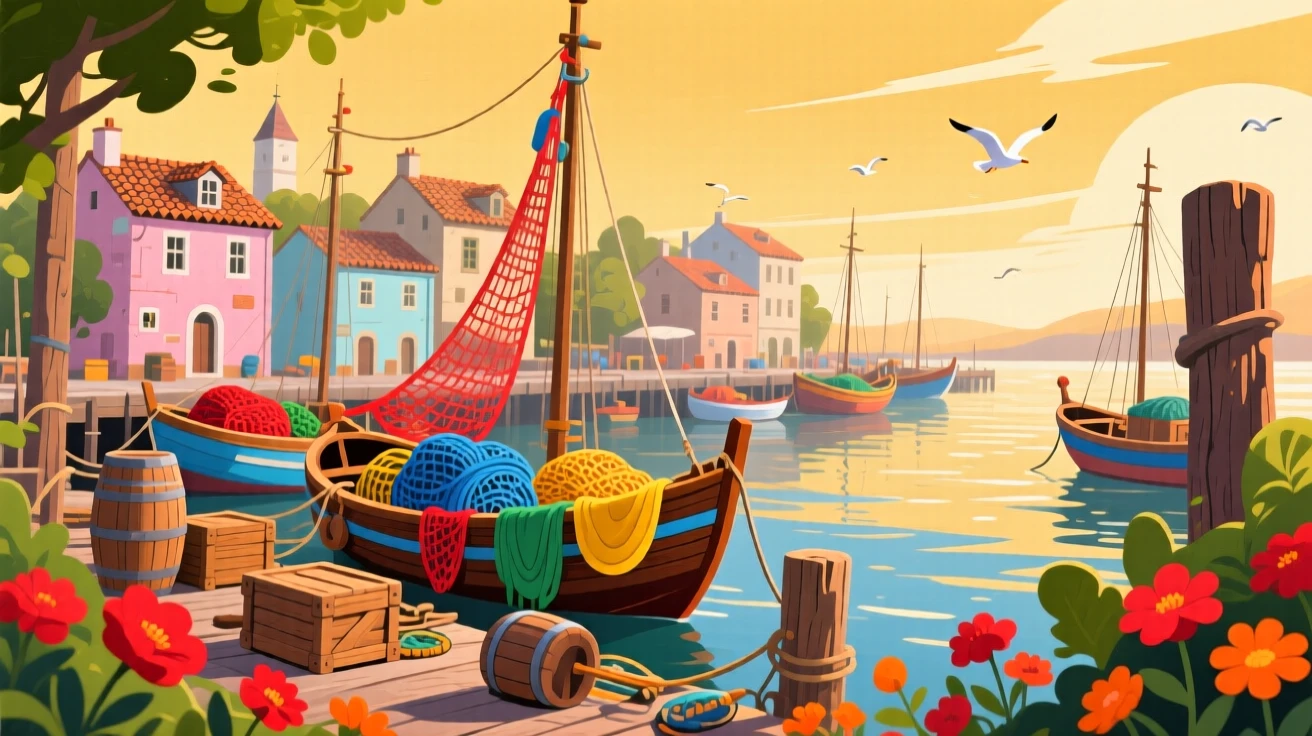 A vibrant harbor town with fishing boats and colorful nets, under a warm golden afternoon sky, arranged with vibrant foreground elements framing the view, with a joyful, adventurous atmosphere.