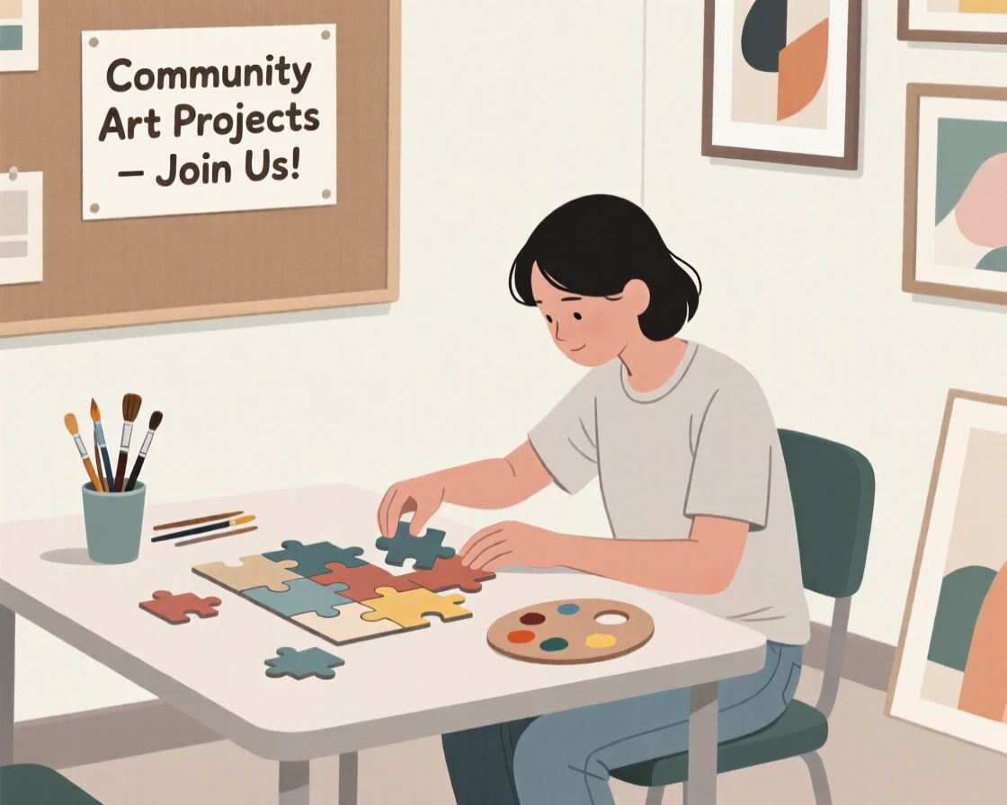 A person assembling a puzzle in a community art room.