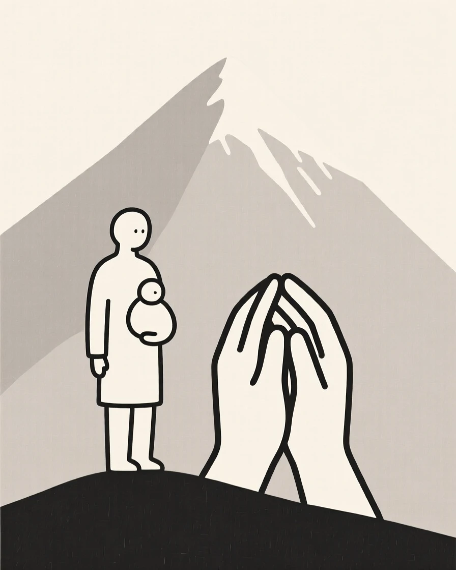 A quiet moment of tender nostalgia as a new parent pauses in a mountain summit beside a pair of clasped hands.