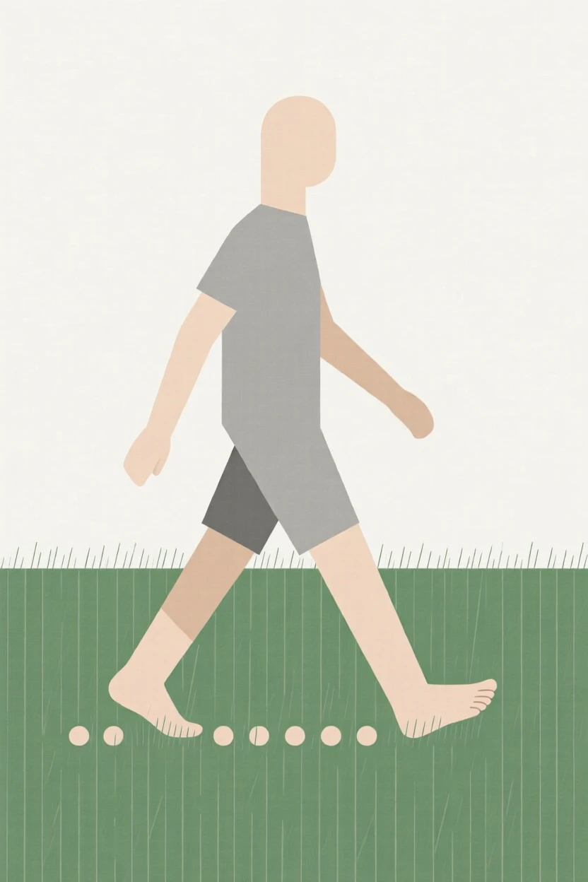 A person walking barefoot on grass
