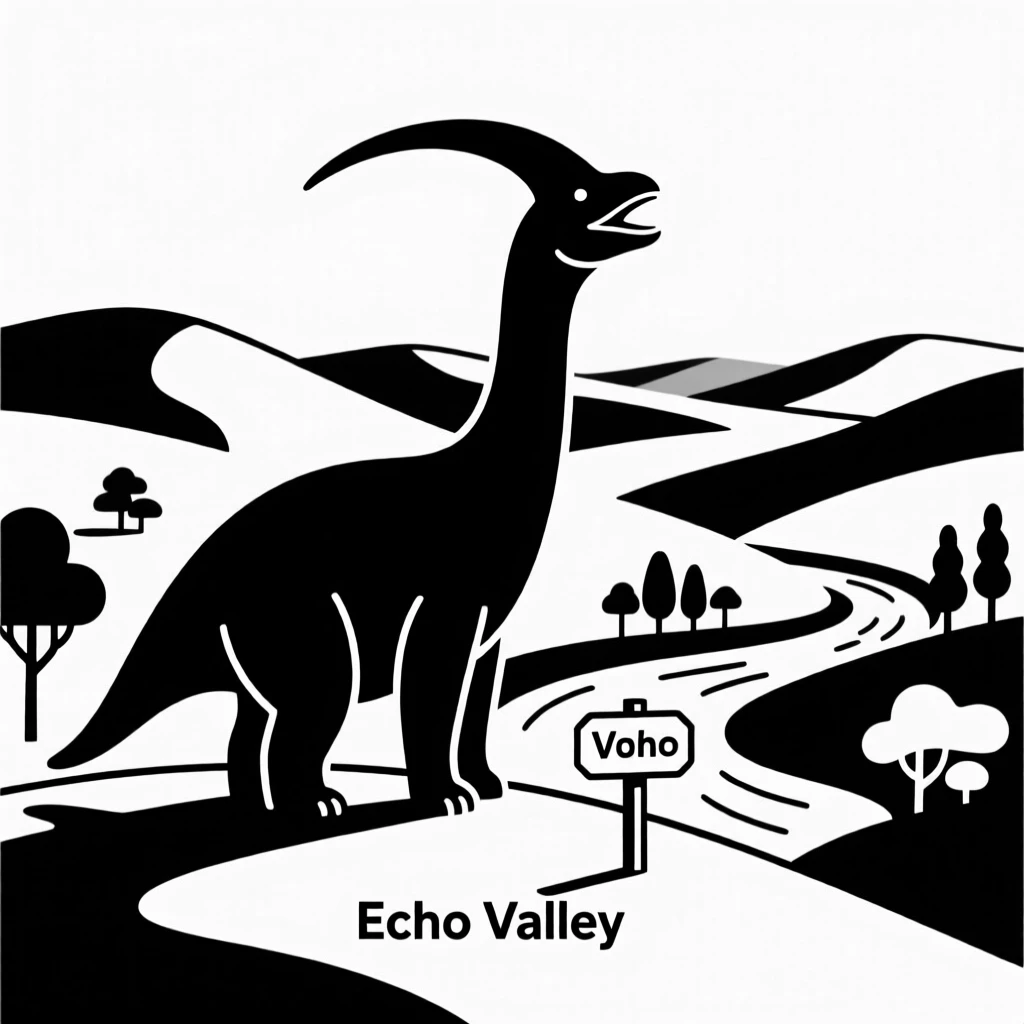 A Parasaurolophus calling out across a lush valley.