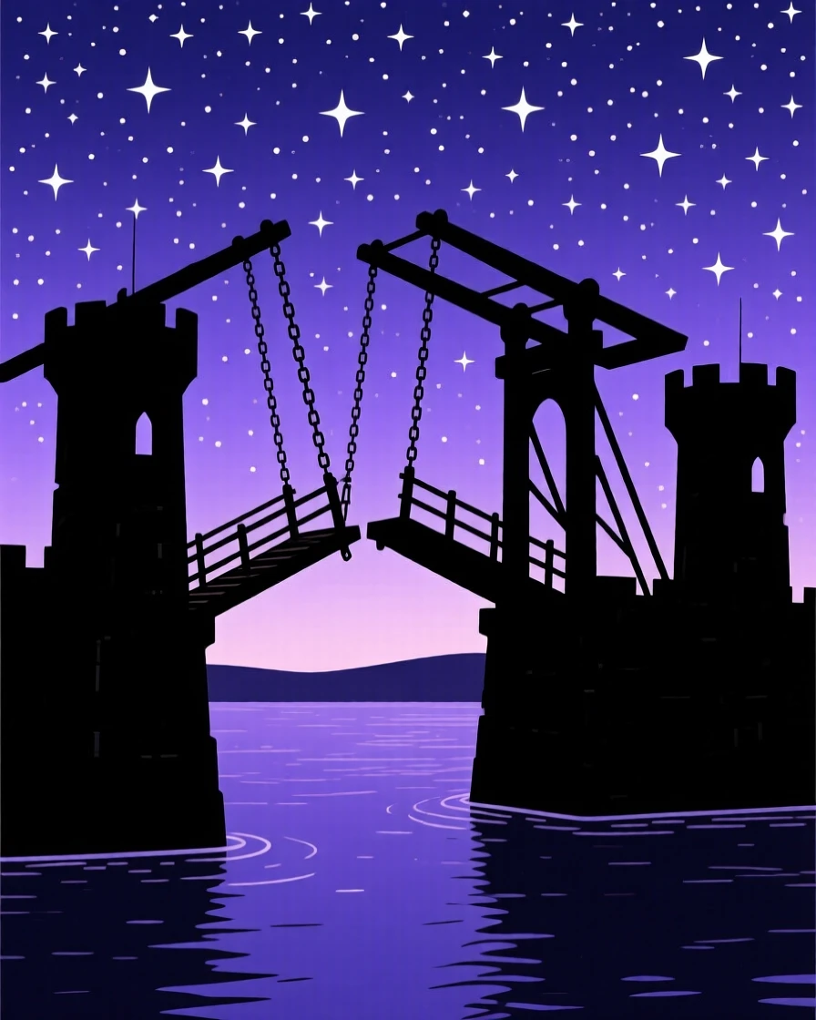 A castle drawbridge lowering slowly across a moat under a starry sky.
