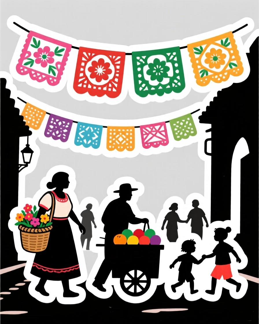 A picturesque Mexican papel picado banners strung across a street, with locals going about their day, on a warm and welcoming afternoon.