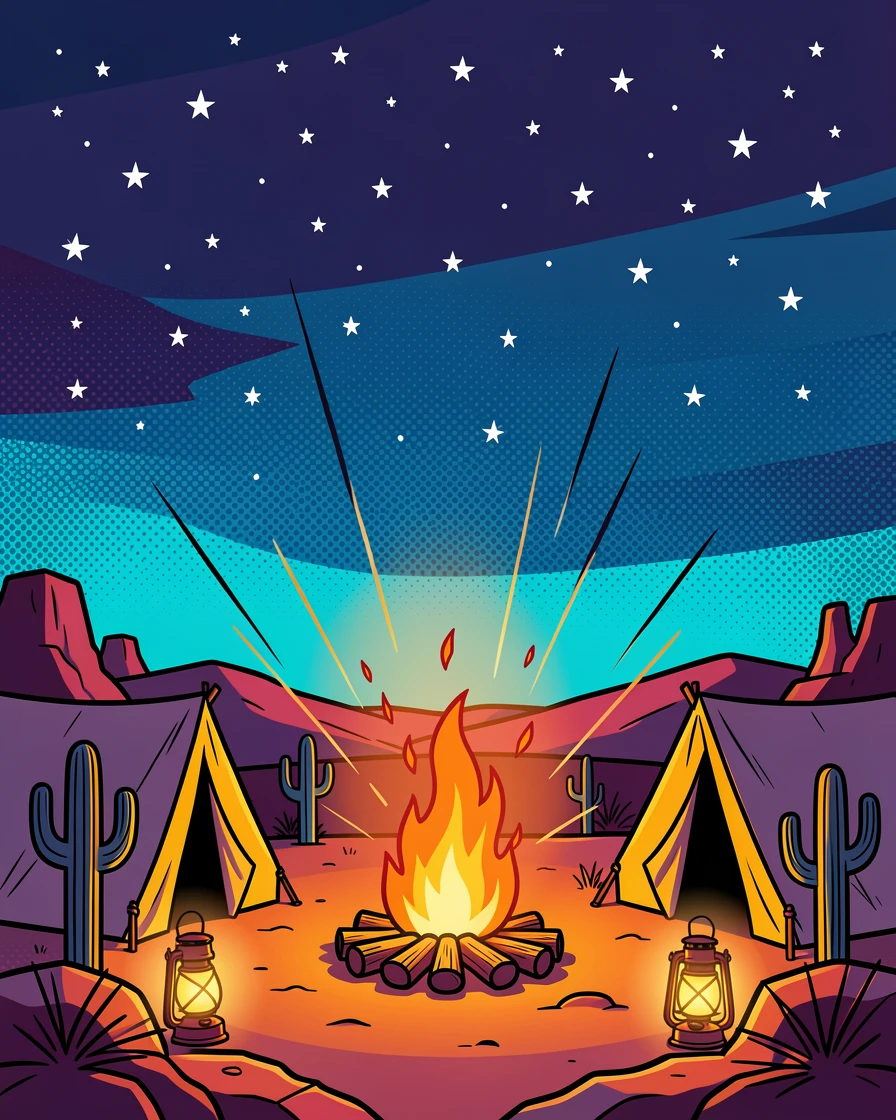 A desert campsite lit warmly under a blanket of stars