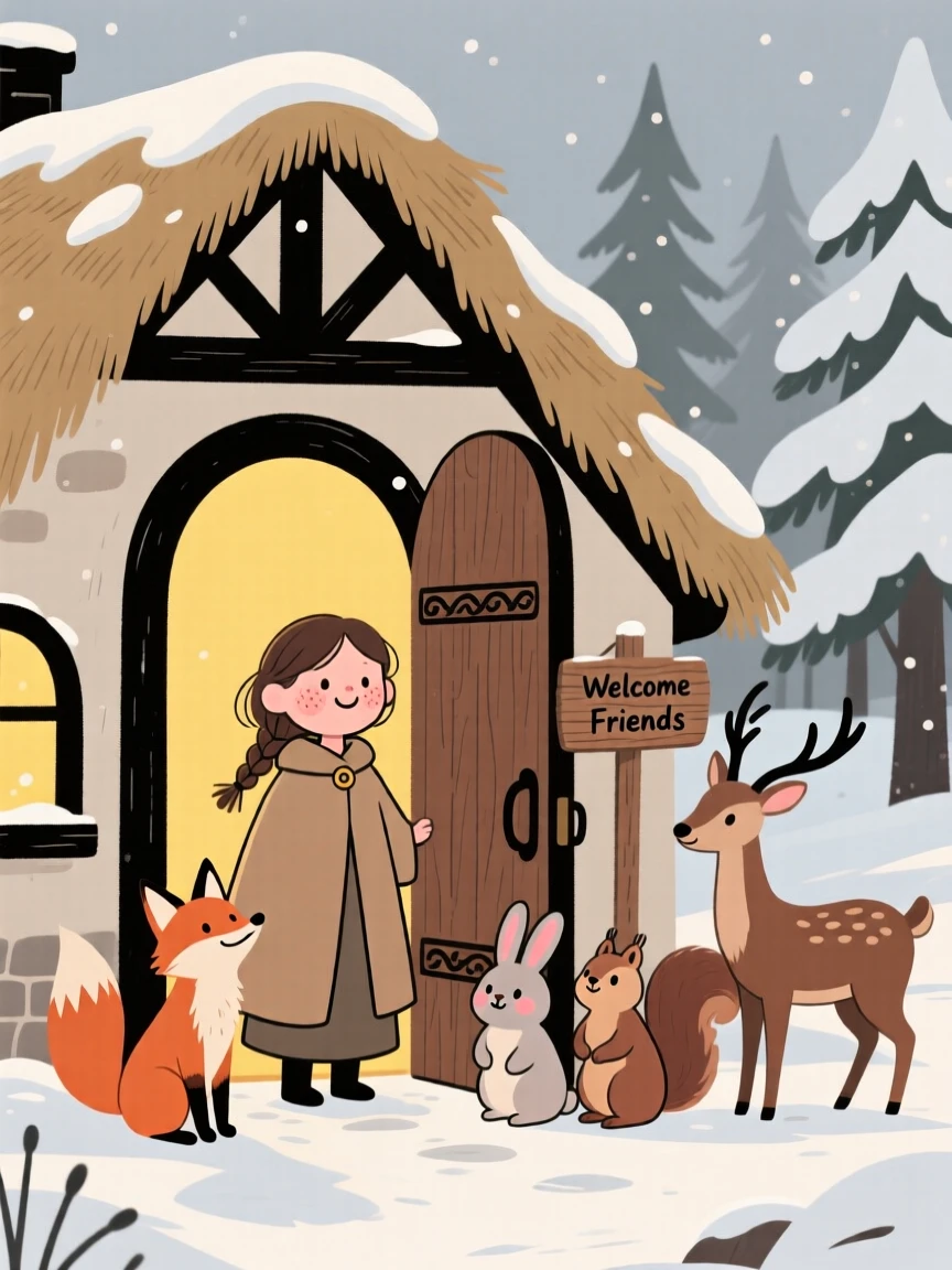 A young princess stands at the door of a thatched cottage tucked into a snowy forest, welcoming a group of woodland animals inside from the cold.