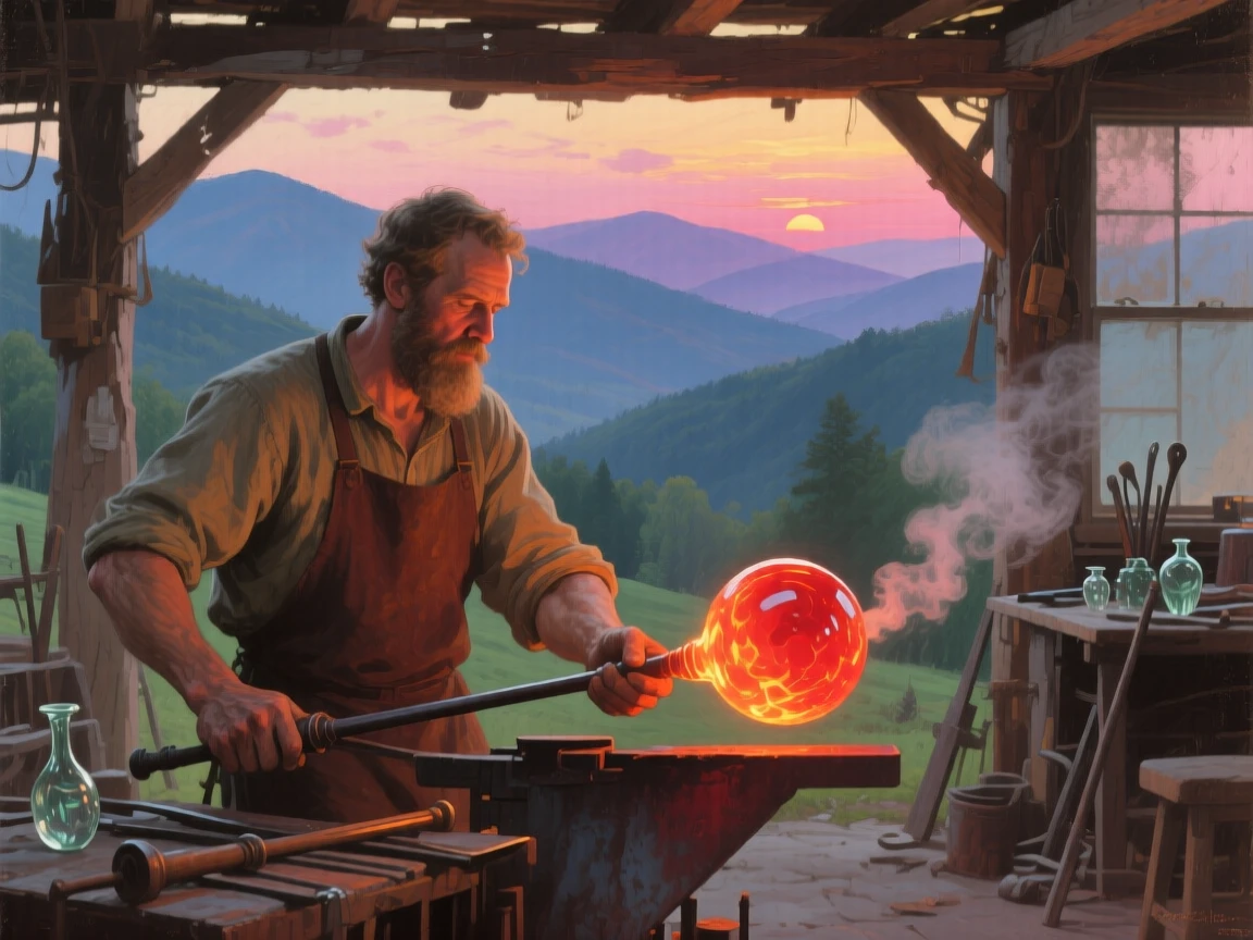 A balanced composition of a glassblower shaping a molten sphere at the end of a long pipe, in the Appalachian mountains, in the last light of sunset.