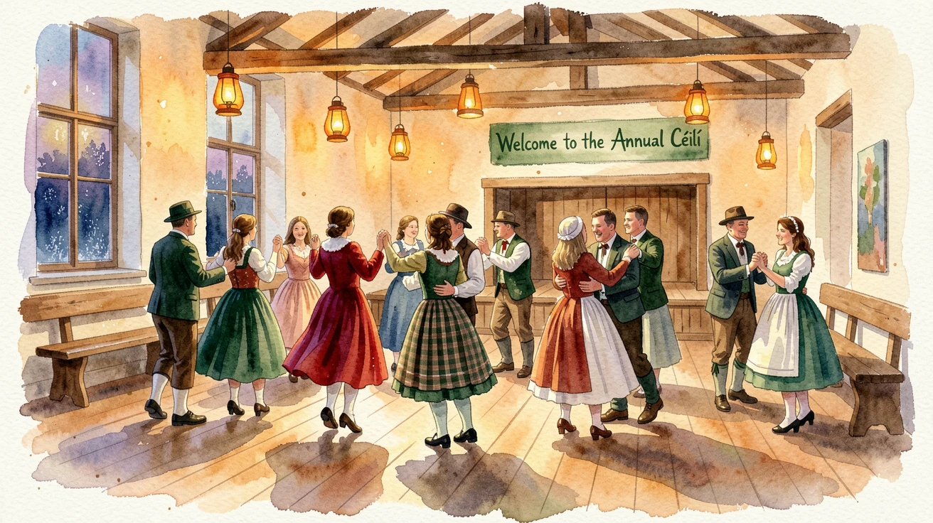 A traditional Irish céilí dance in a village hall with warm lantern light glowing at dusk.