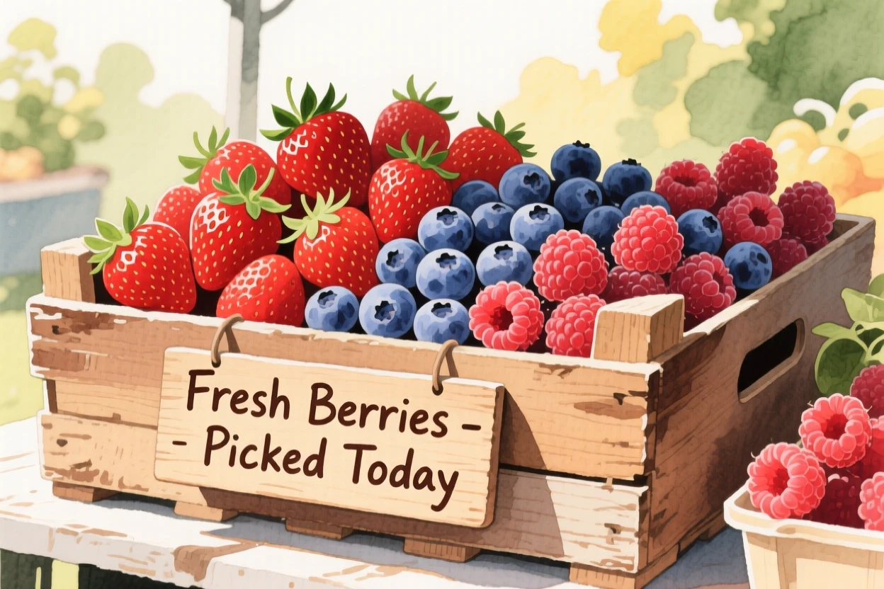A wooden crate overflowing with fresh strawberries, blueberries, and raspberries sits at a sunny farmers market stall