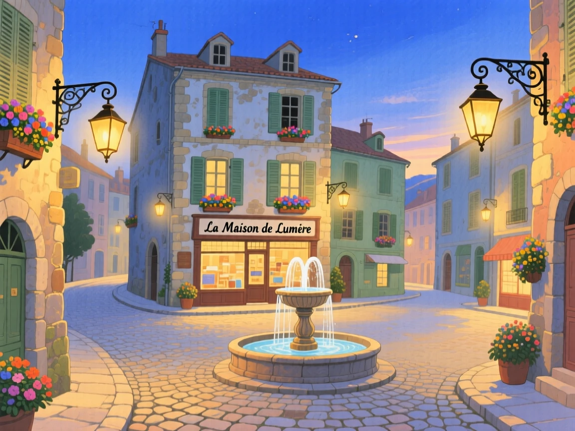 A stunning view of a lantern-lit street in an old European town square.