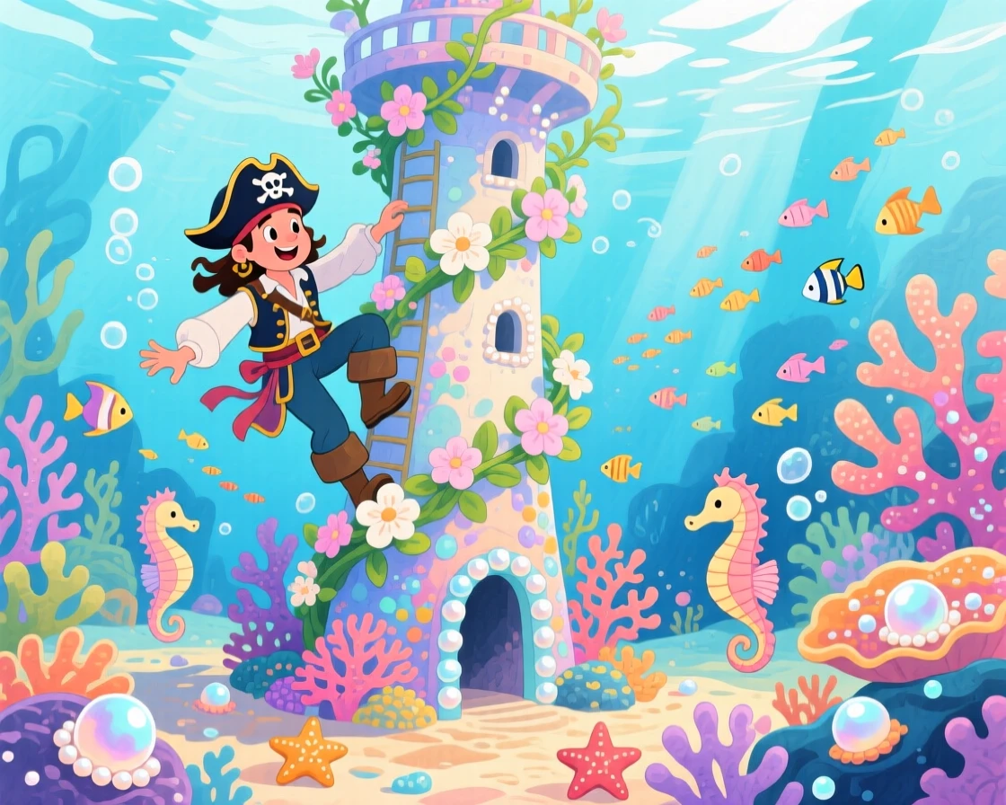 A pirate captain climbing a spiral tower wrapped in blooming vines, in an underwater kingdom of coral and pearl, filled with wonder and magical excitement.