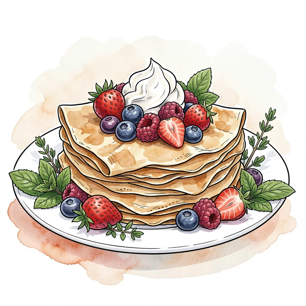 A stack of crepes filled with fresh berries and whipped cream, fresh herbs and garnishes scattered artfully around the dish.