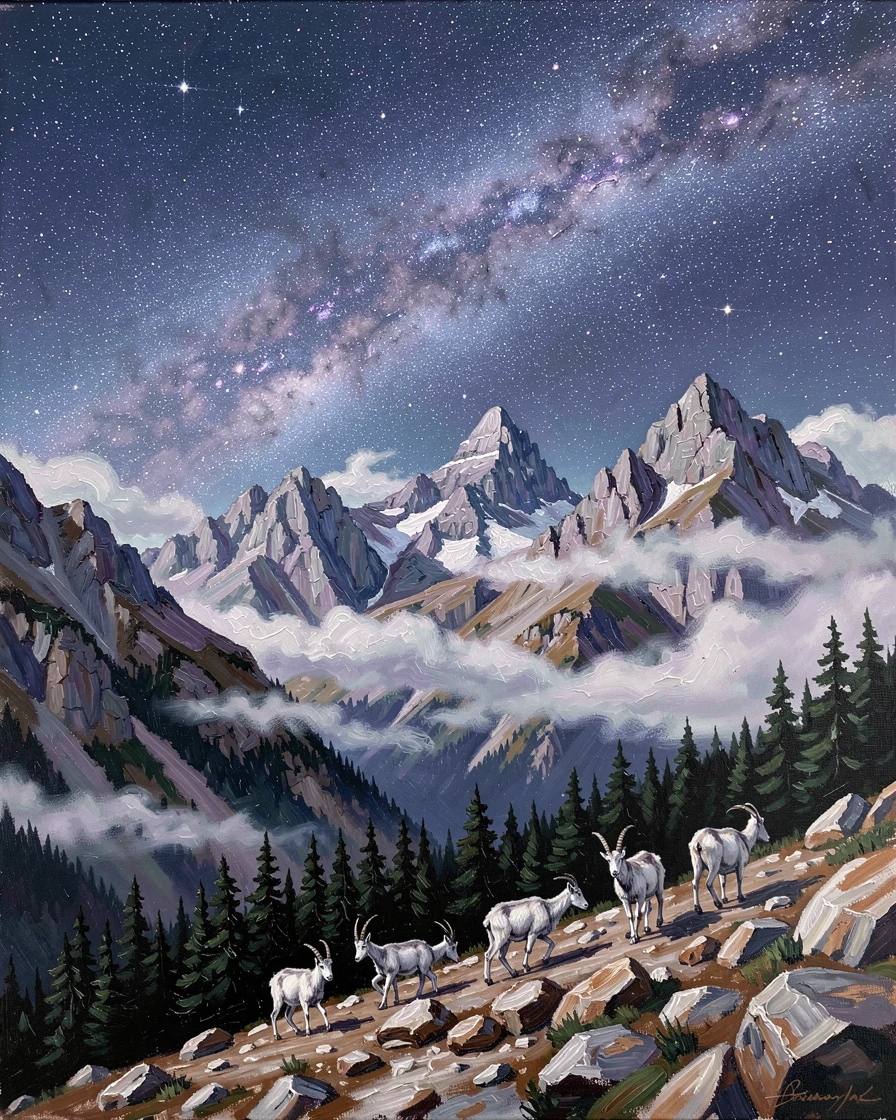 Under a sky full of stars with the Milky Way stretching overhead, a chain of mist-wrapped summits, at the edge of a dark pine forest, a herd of mountain goats picking their way across the rocky slope.