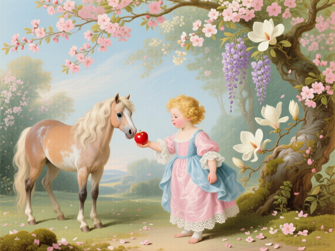 A child feeding apples to a gentle pony beneath flowering trees  