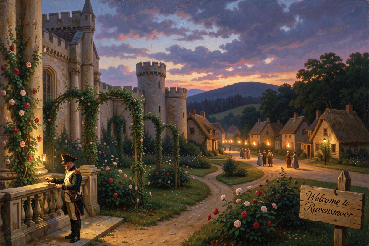 A sentry tends the gardens of a castle overlooking a quiet village as torches are lit for the evening.