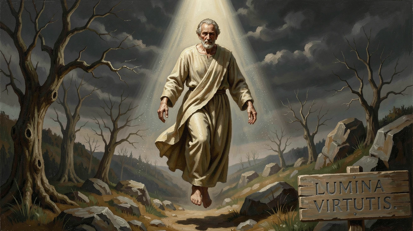 A celestial being descending gently through a beam of heavenly light, with weathered, realistic detail grounding the fantastical elements, blending fantasy imagination with striking photorealistic detail