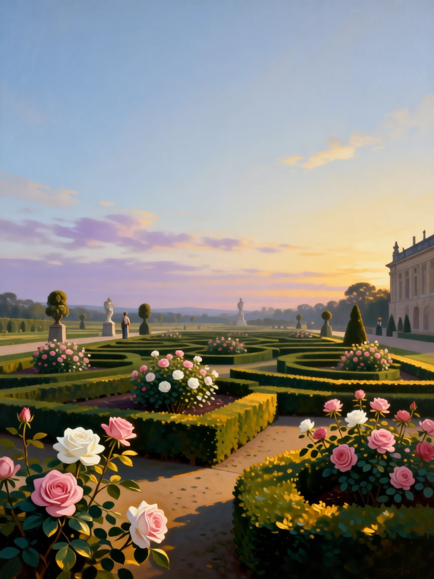 A formal palace garden with symmetrical hedges and blooming rose beds holding the hush of early morning before the world awakens, set beneath an expansive and ever-changing sky, with golden light catching the edges of every leaf and petal; layered depth separates near, middle, and far distance beautifully, radiating the serene majesty of untouched nature.