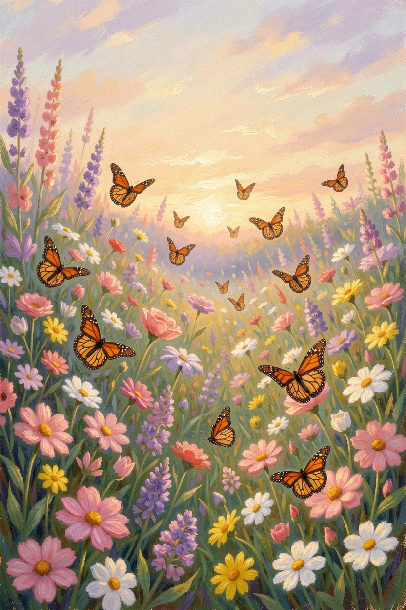 A butterfly garden bursting with color, dozens of monarchs and swallowtails drifting among wildflowers, under a glowing sunset sky.