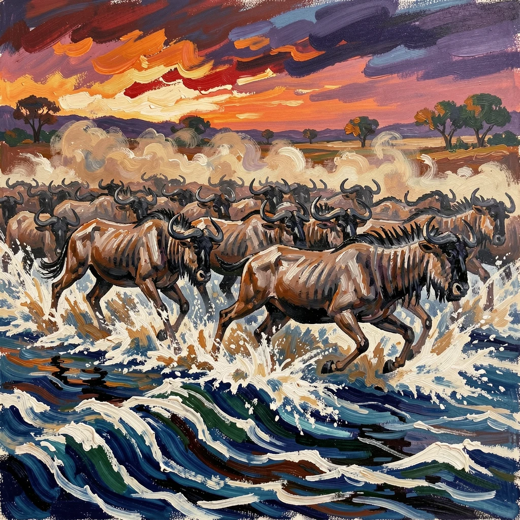 A herd of wildebeest thundering across a river during a dramatic migration crossing.