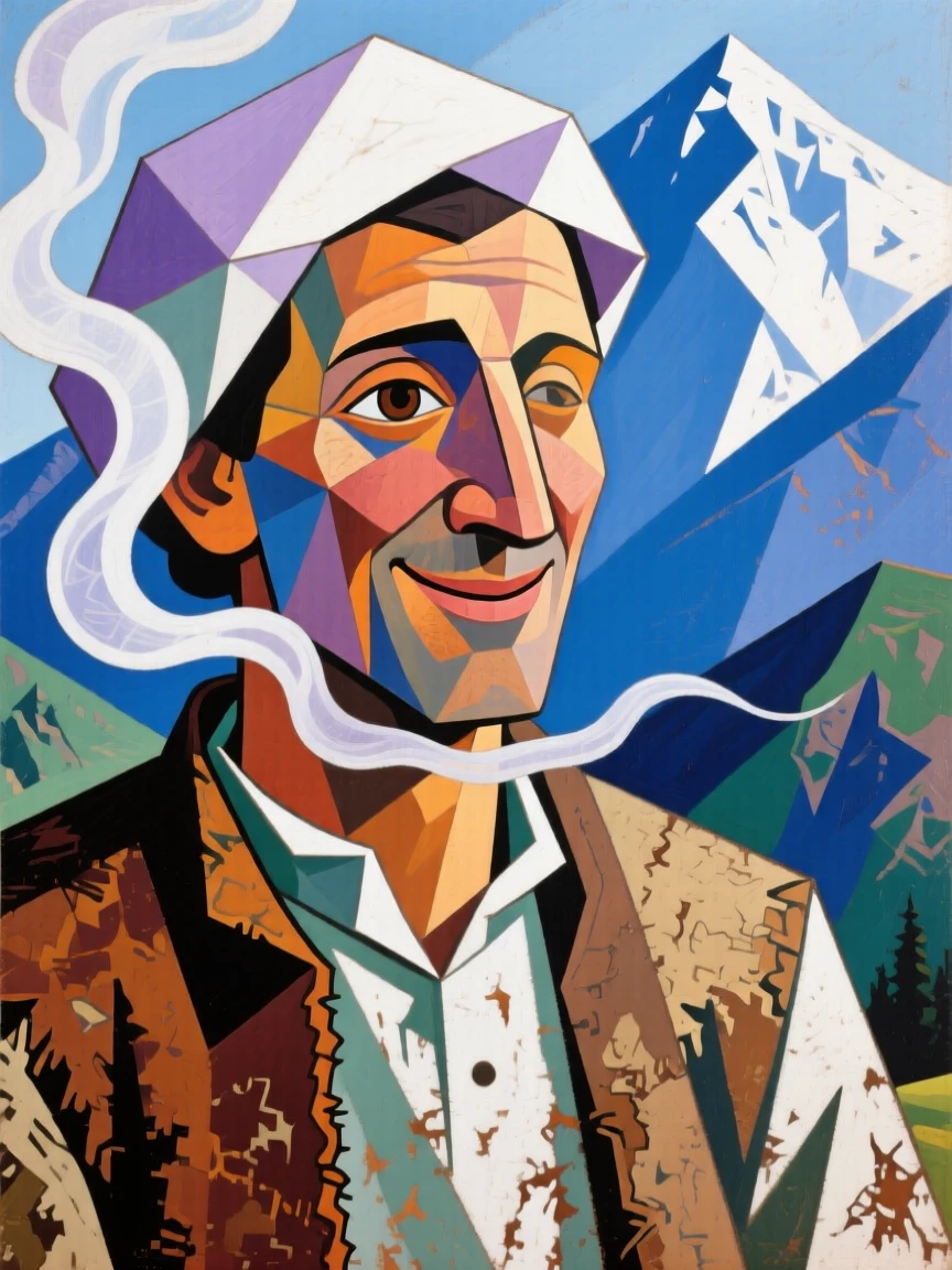 An intimate close-up of a mountain shepherd smiling gently as steam rises gently around them.
