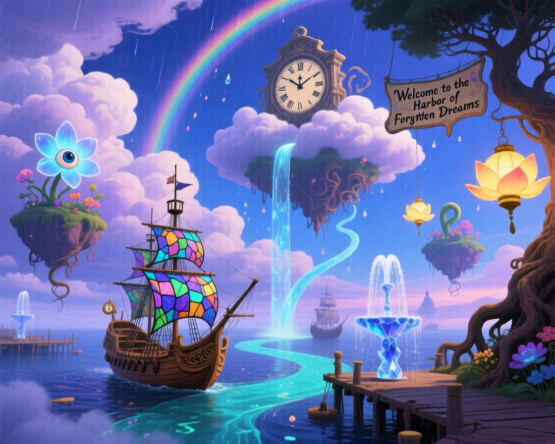 A floating harbor where boats sail through clouds instead of water orbits silently through banks of soft cloud, while streams of water arc upward instead of down.