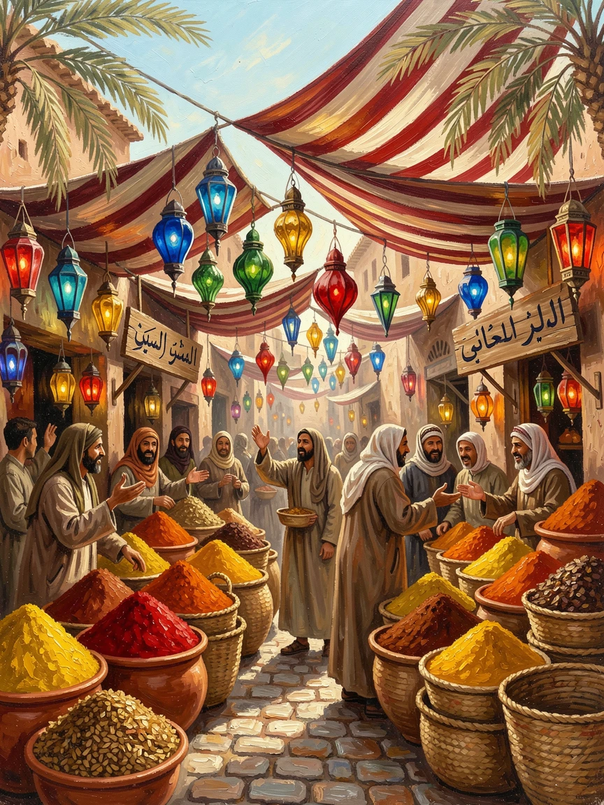 A vibrant street market in Marrakech overflows with spices, woven baskets, and colorful lanterns, vendors calling out beneath striped awnings, the composition balancing grand scale with intimate, human-sized details throughout the frame.