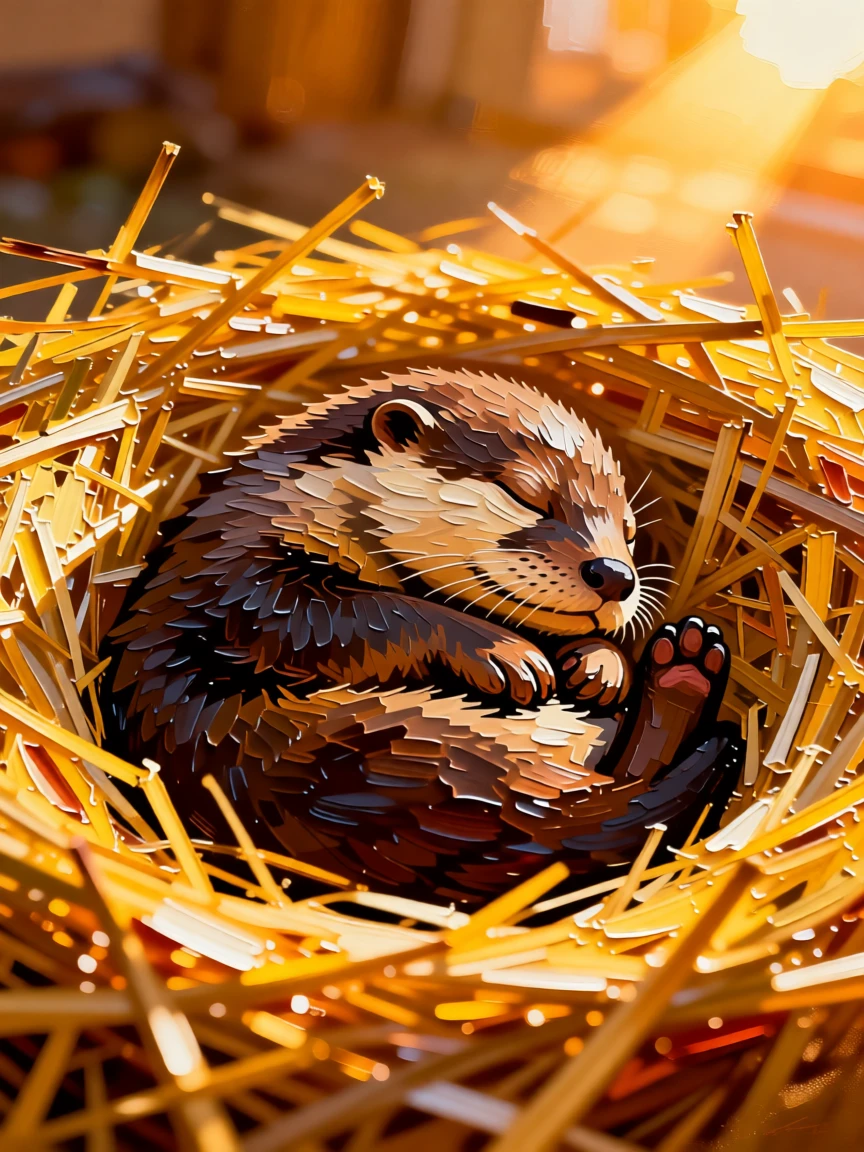 A heartwarming photo of a baby otter napping in a soft bed of straw in warm afternoon light