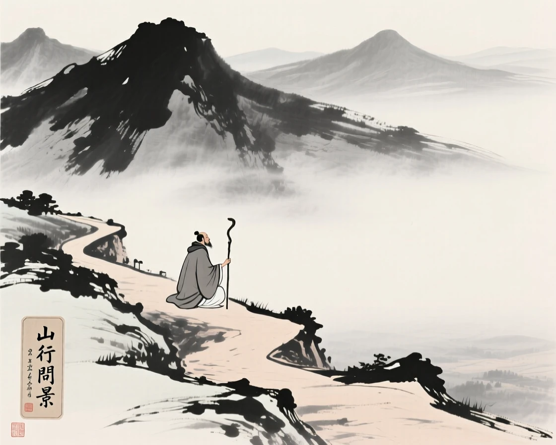 A traveler pauses on a mountain path to admire the view below, with distant peaks rising through the morning mist.