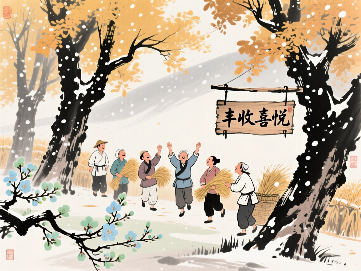 Farmers celebrating a bountiful harvest beneath golden autumn trees, beneath softly falling snow, as spring blossoms unfold.