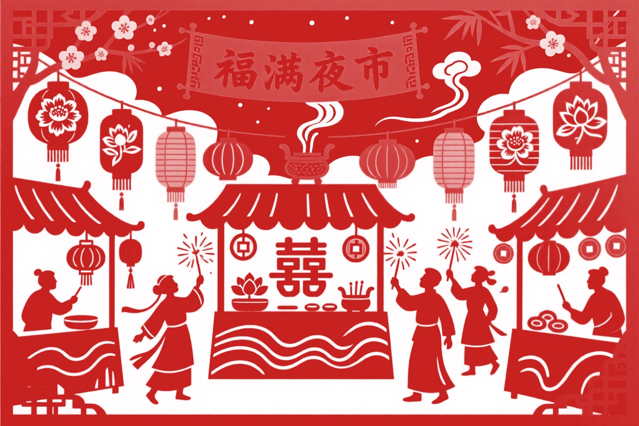 A scene of a lantern-lit night market, alive with the sound of firecrackers and laughter, with the scent of incense drifting through the air.