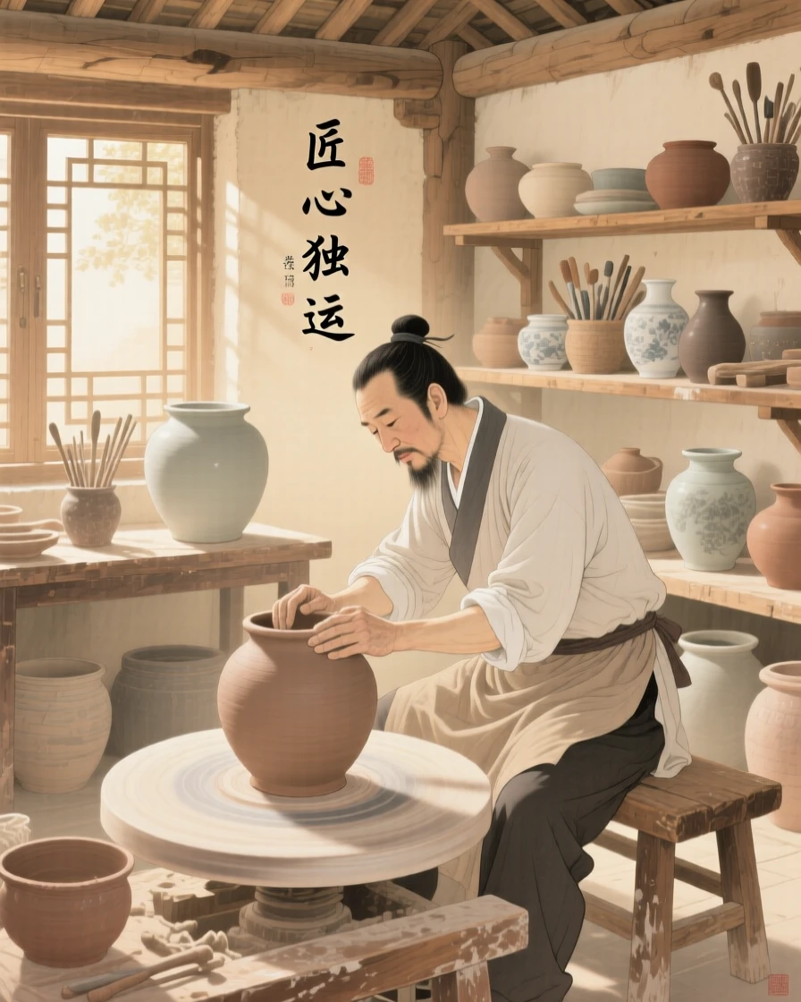 A potter shaping clay on a spinning wheel in a sunlit workshop