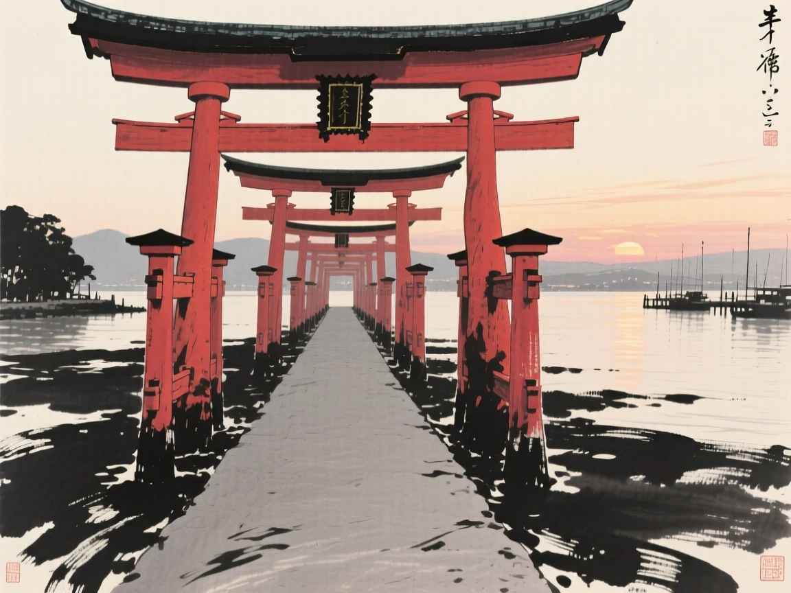A row of red temple gates overlooking a calm harbor at dusk, framed symmetrically along a central path, suggesting timeless craftsmanship and peaceful tradition.