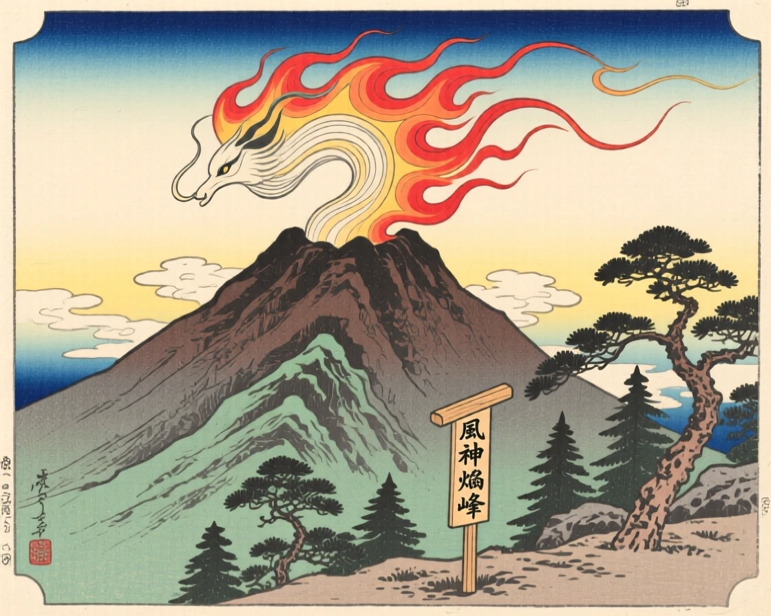 A swirling wind spirit bursting into flame above a mountain peak.