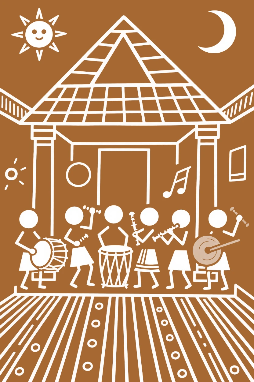 A group of temple musicians inside a modest village temple.