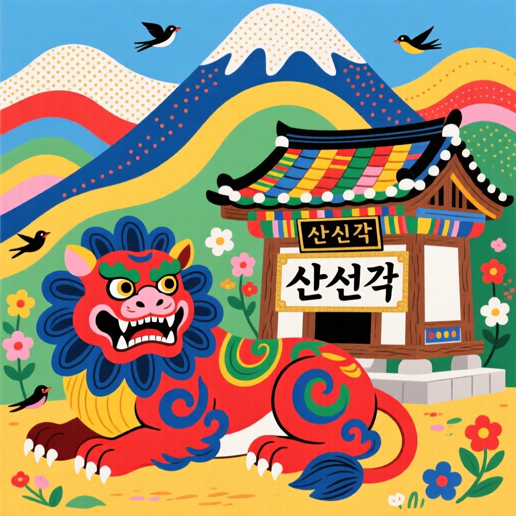 A fierce guardian lion statue resting beside a sacred mountain shrine.