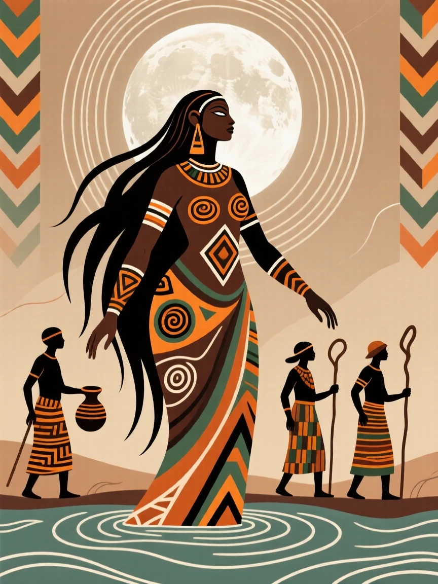A legendary river goddess appearing to travelers beneath a full moon.
