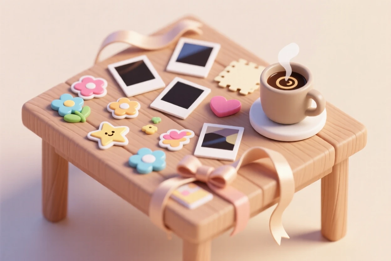 A scrapbooking session with photos, stickers, and ribbon spread across a table, a cup of coffee cooling nearby.