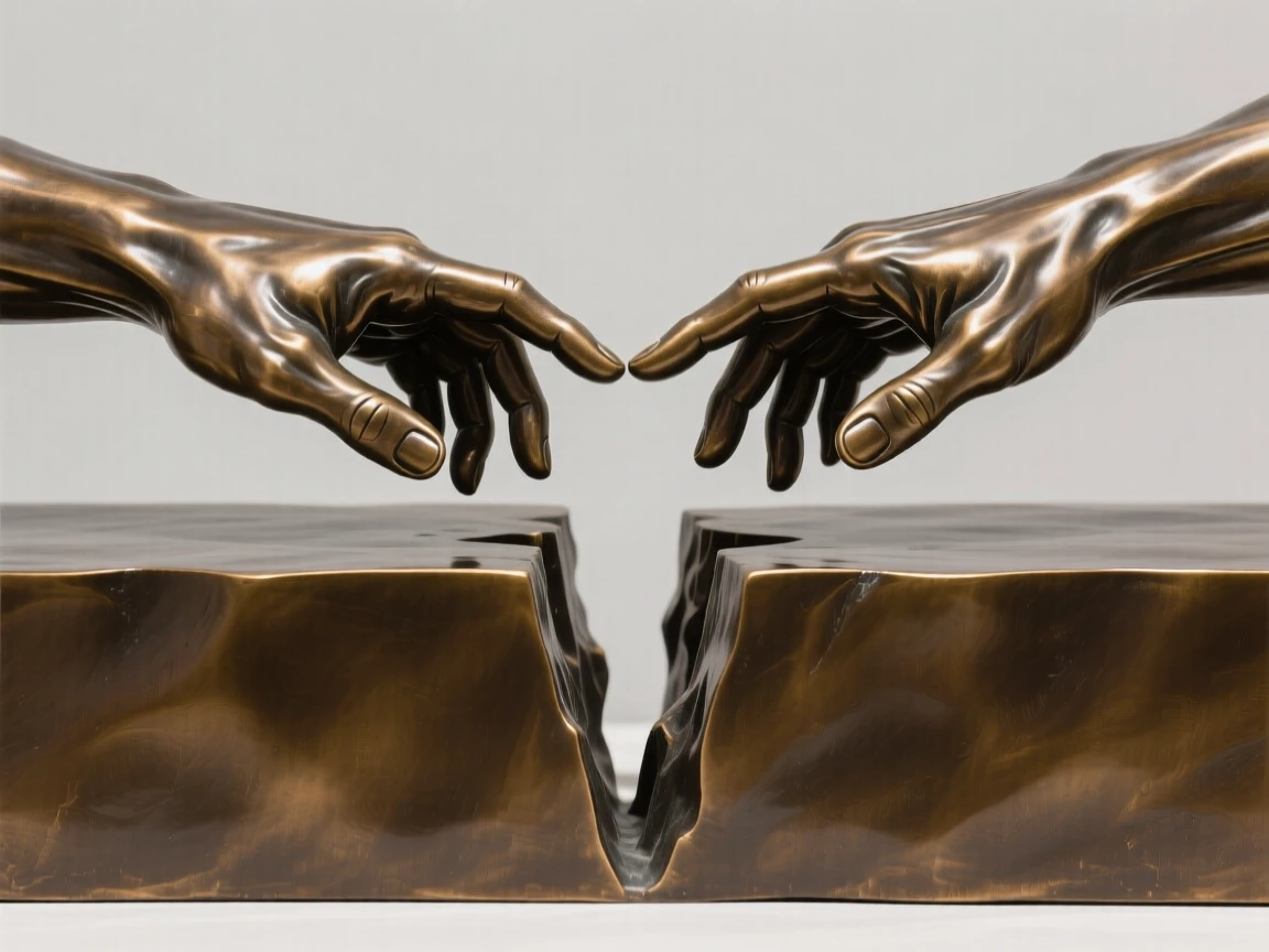 Two hands reaching toward each other across a divide, symbolizing unity, composed with striking clarity and a strong central focal point, evoking deep emotional resonance