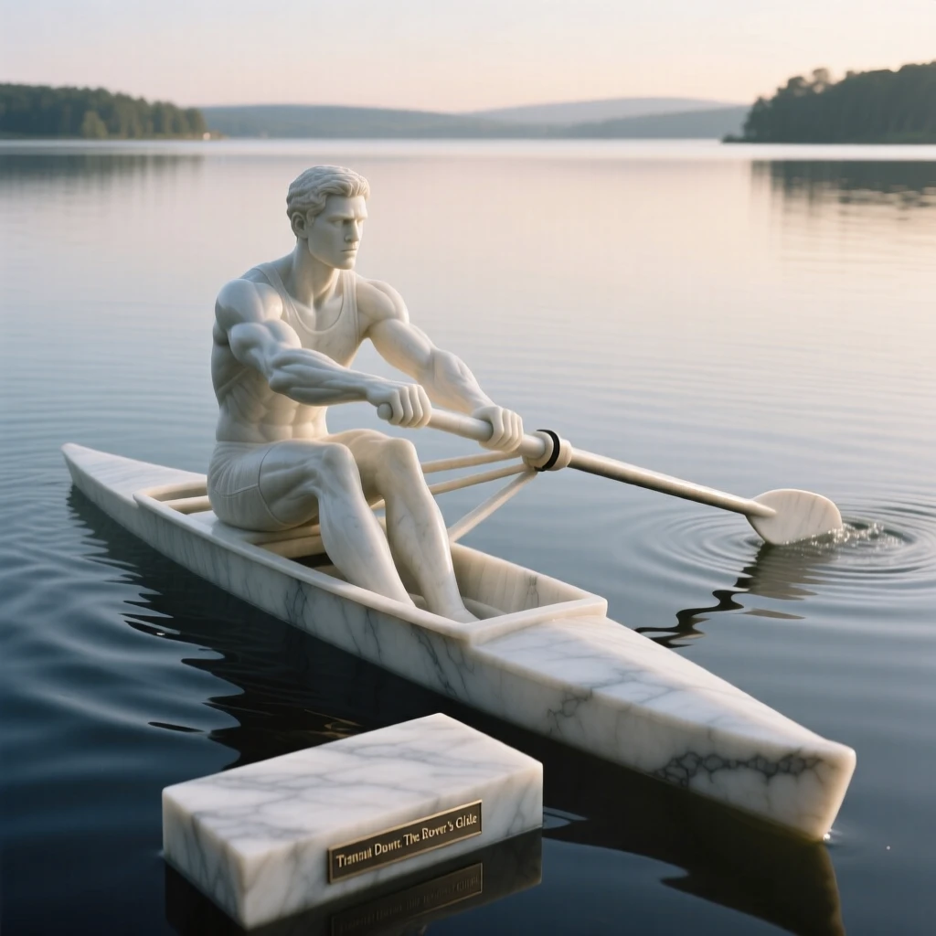 An evocative depiction of a rower gliding across a still lake at dawn, captured with cinematic depth and detail, balancing detail with emotional depth