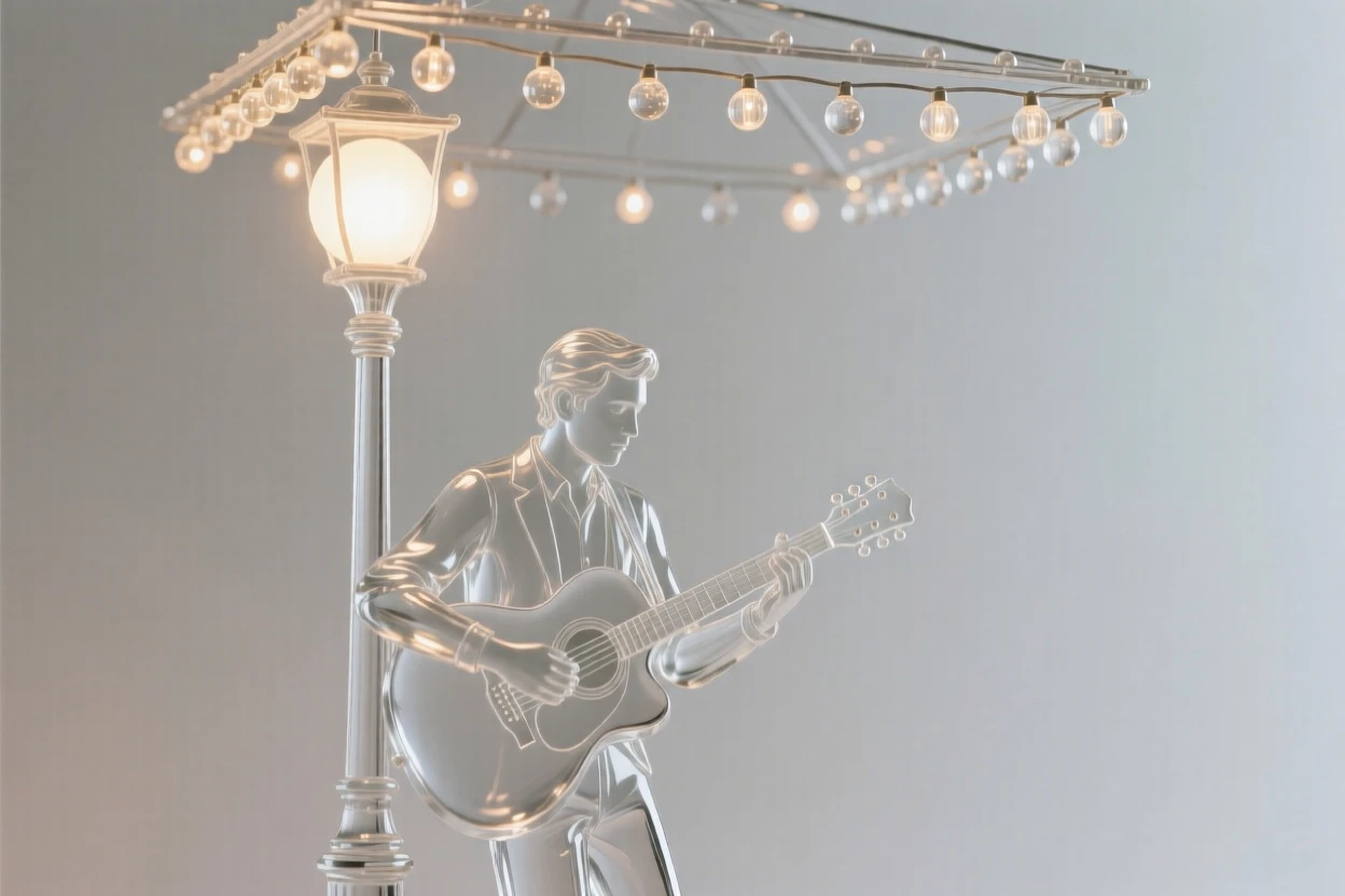 Beneath a canopy of string lights strung between old buildings, a street musician playing guitar beneath a glowing lamppost