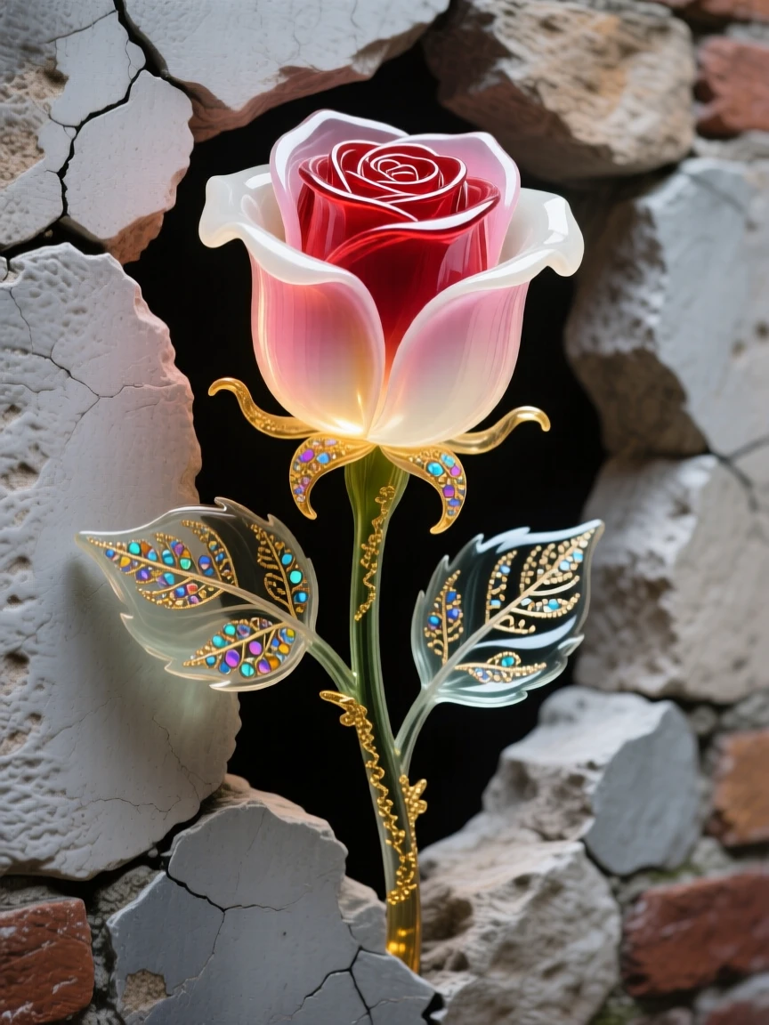 A single rose growing from a crack in an ancient stone wall, resilient and poetic.