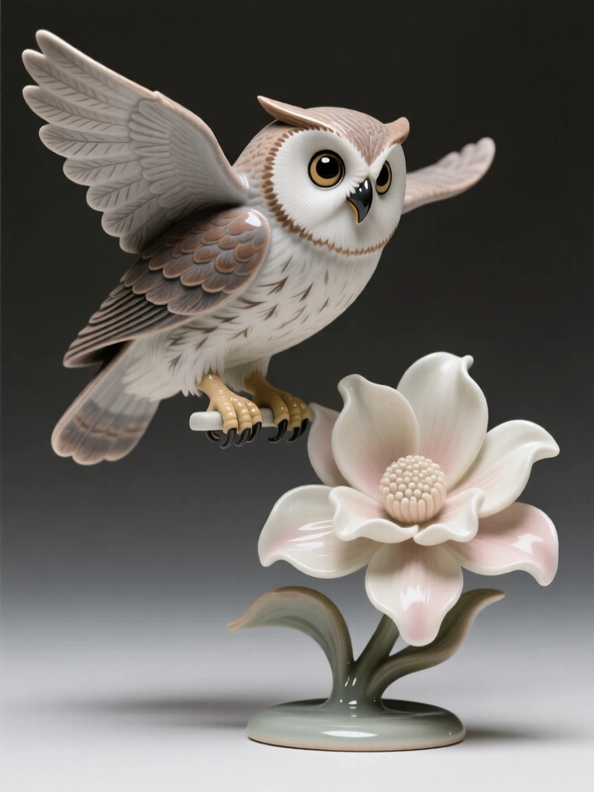 An owl perched with wide, watchful eyes frozen mid-hover beside a bloom, its feathers ruffled gently by the wind, evoking lightness, freedom, and grace.