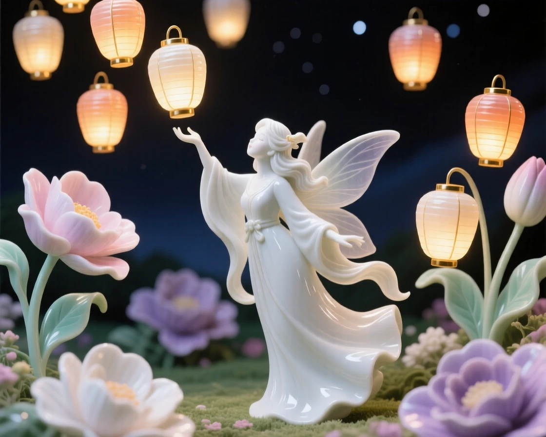 A whimsical scene of a fairy godmother releasing a flock of glowing lanterns into the night sky in a garden of oversized flowers.