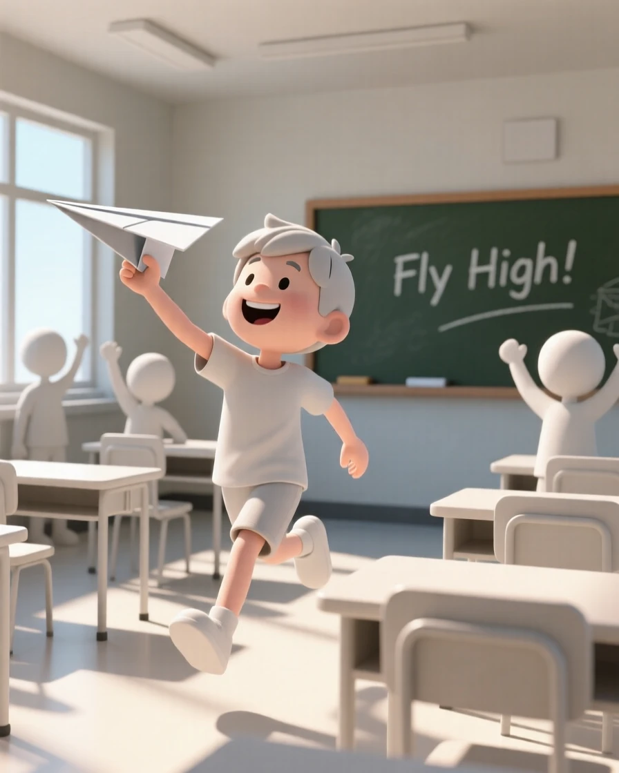 A joyful boy flies a homemade paper airplane across a sunny classroom, watching it soar past cheering classmates.