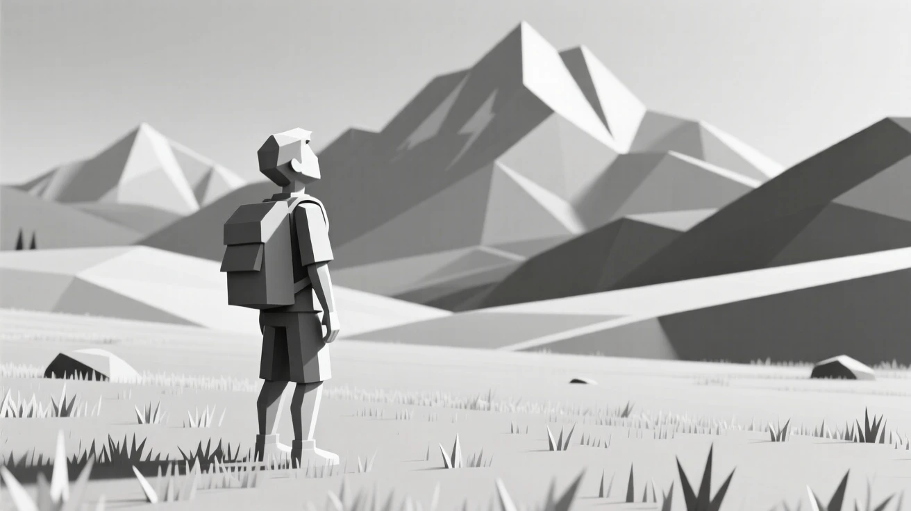 A traveler gazing out over a mountain vista, in a quiet, sunlit meadow. the composition captures genuine, candid emotion. The scene radiates pure joy.