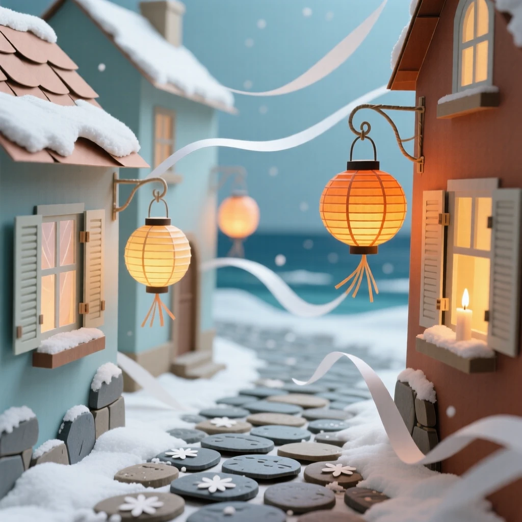 A narrow cobblestone alley in a coastal village dusted lightly with fresh snow, with lanterns swaying gently in the breeze, capturing the romance of travel.