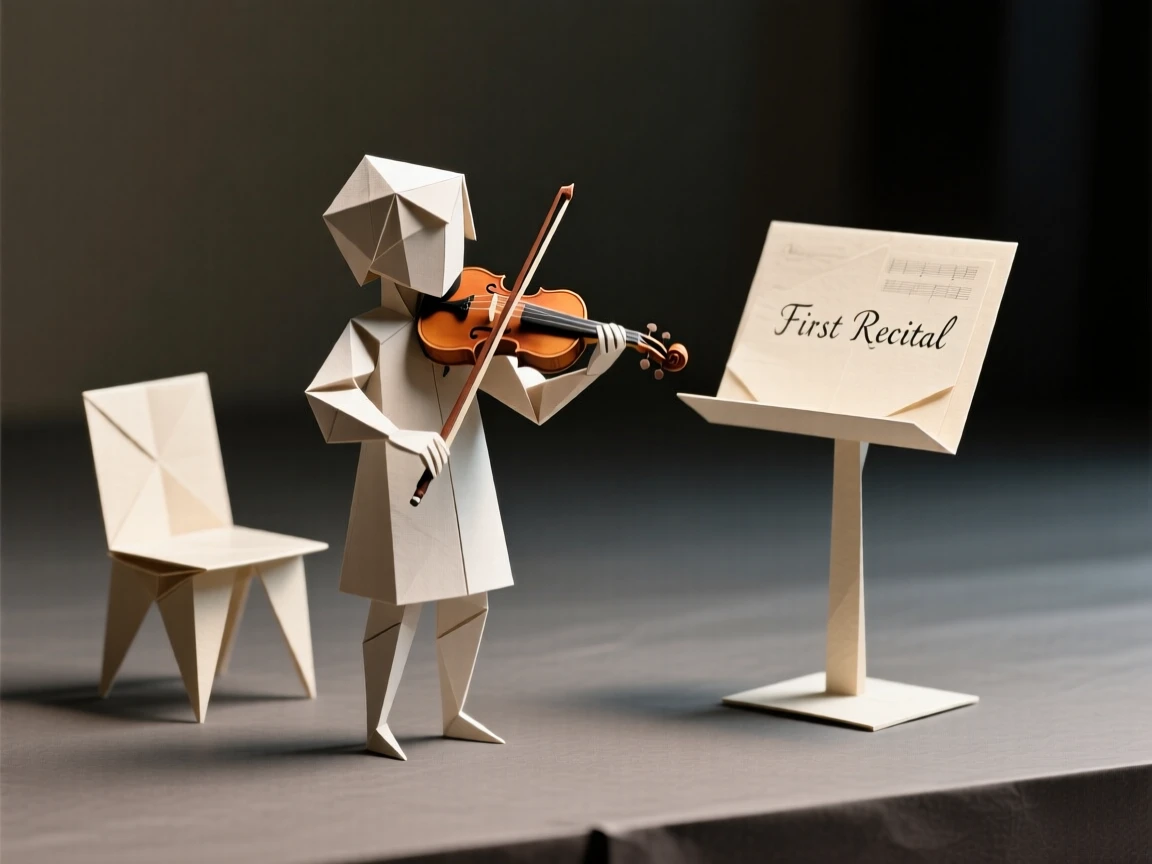 A child's first violin recital, small chair and stand set up on a stage.