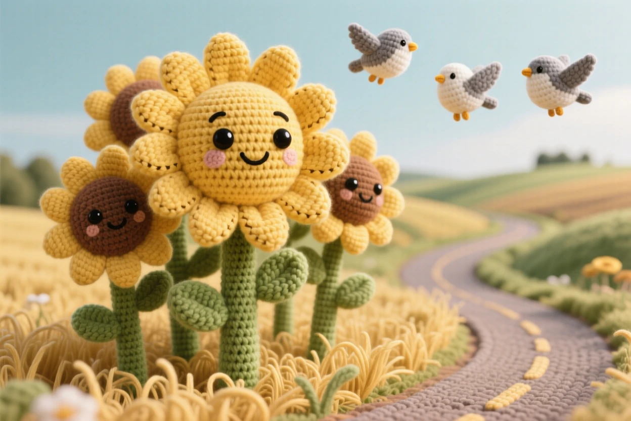 A picturesque scene featuring a cluster of tall sunflowers, with faces turned toward the light, standing together in a golden field beside a gently winding countryside road, accompanied by a small flock of birds passing overhead, capturing gentle awe at nature's quiet grandeur.