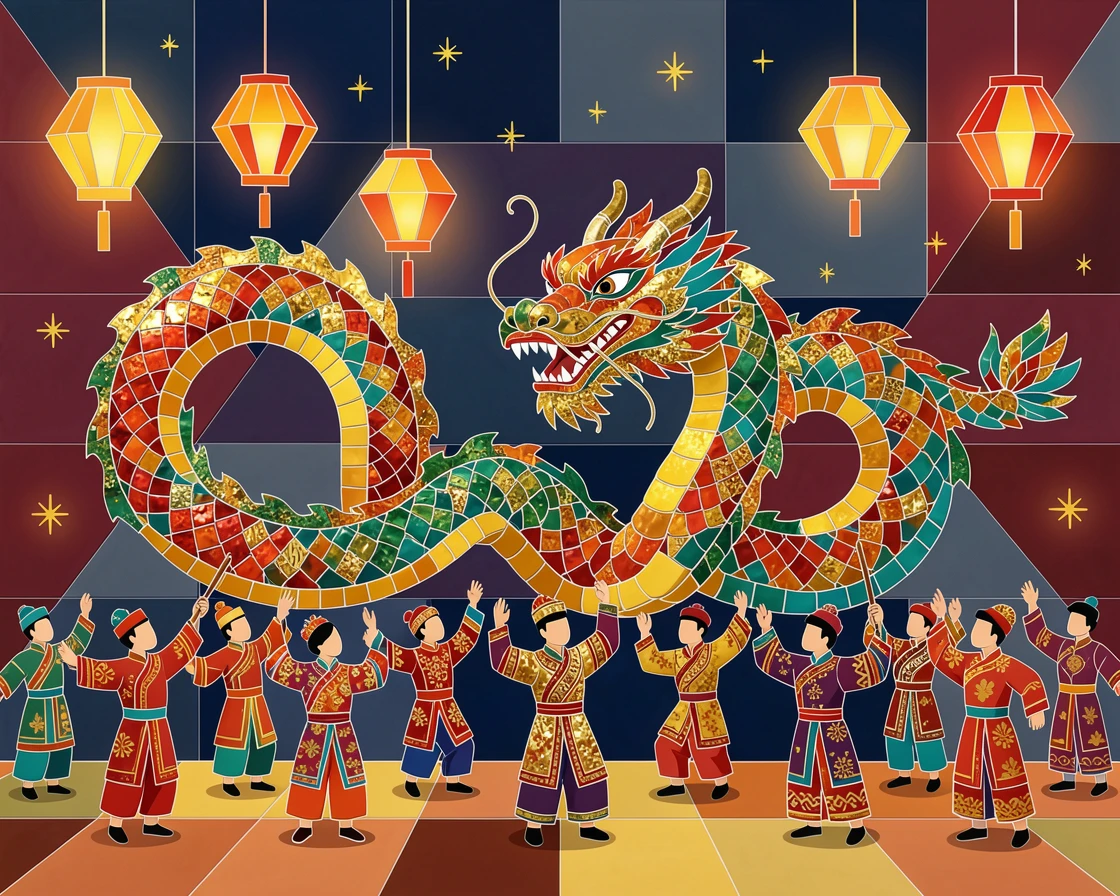 A vibrant, festive scene of a Chinese New Year parade with a dazzling dragon dance under lanterns, rich in color and cultural detail.