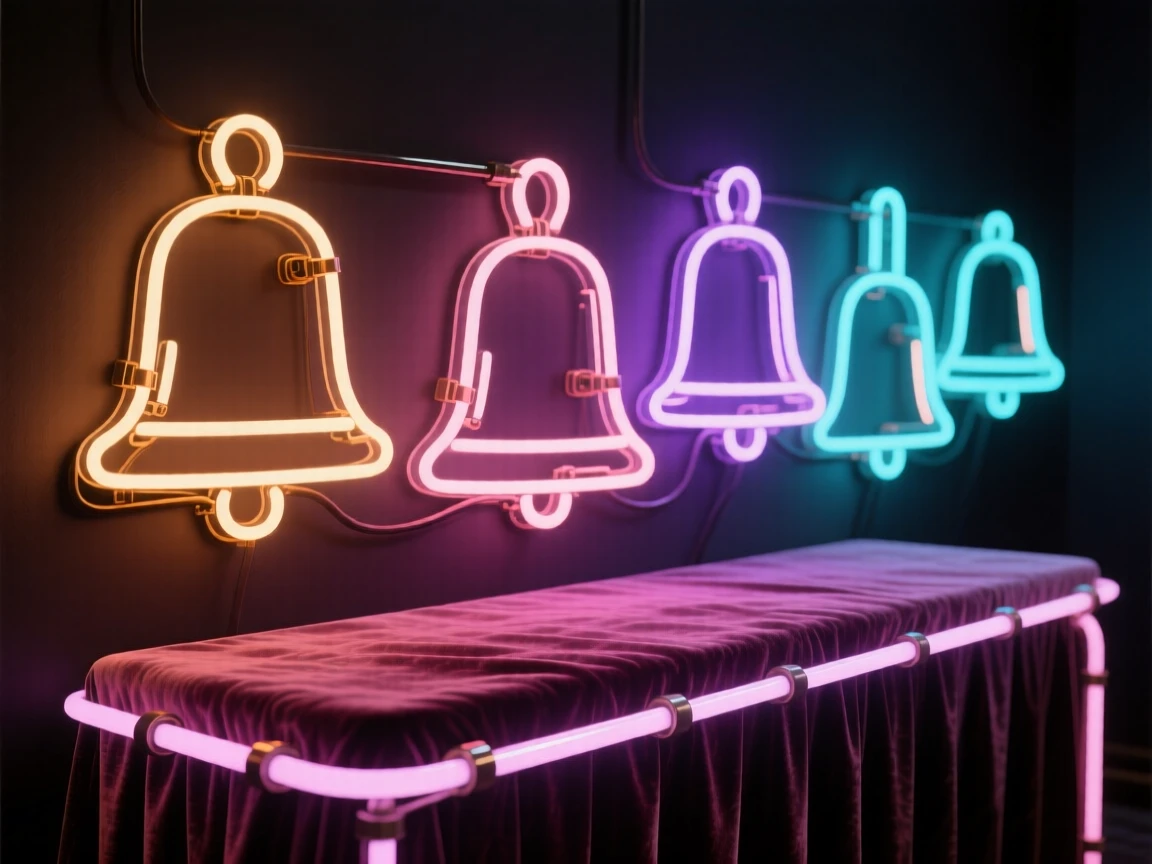 A row of handbells laid out on a velvet-lined table.