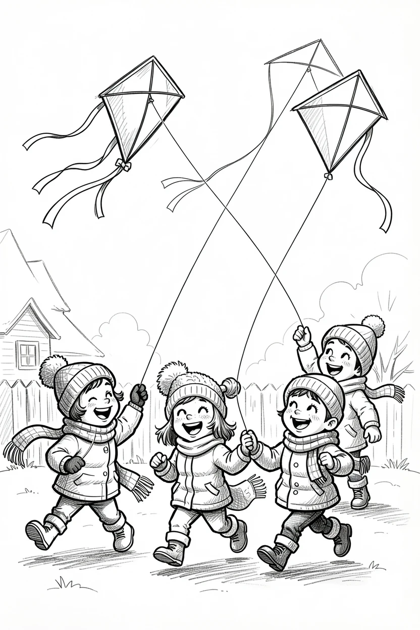 A group of children flying kites on a snowy front yard.